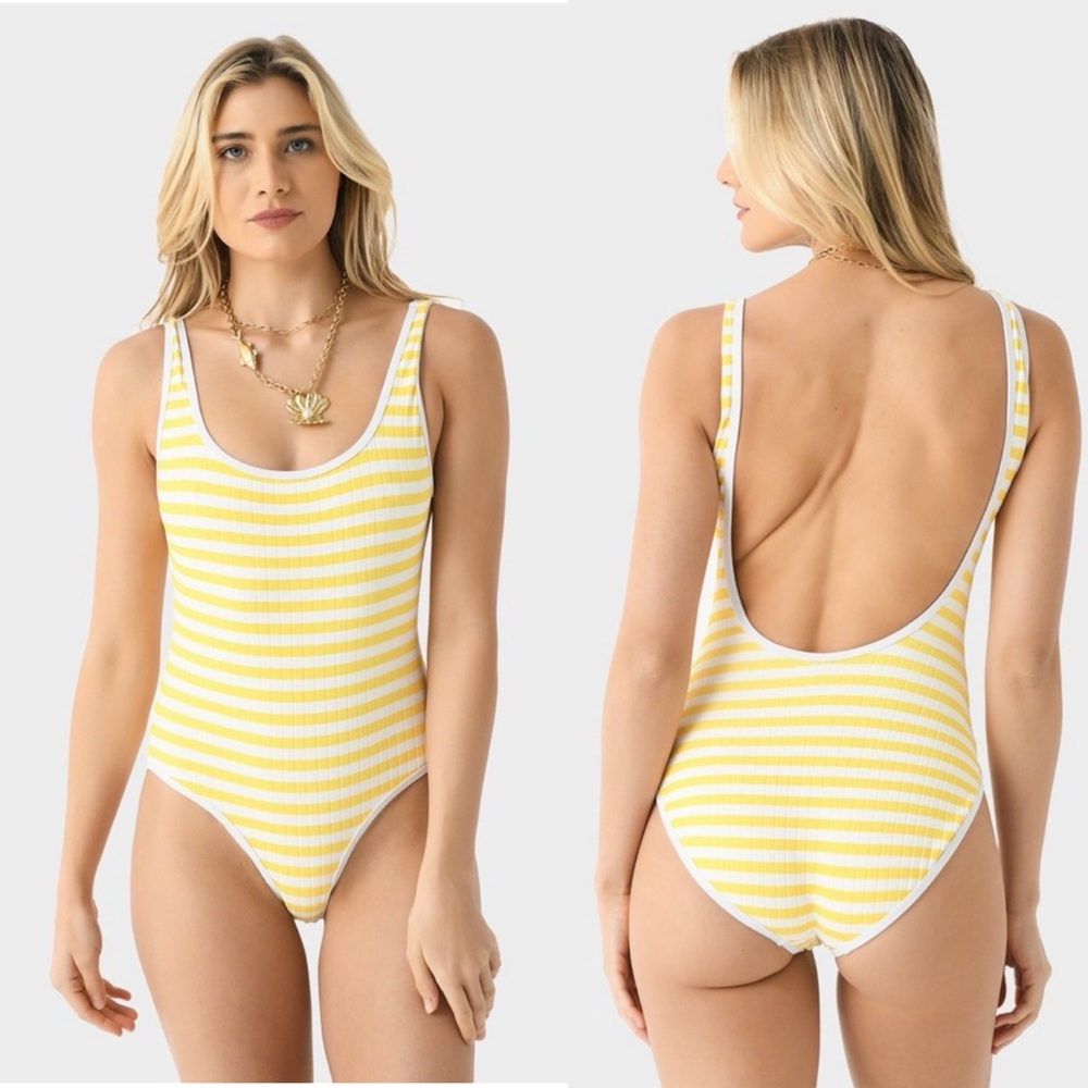 NWT Solid & Striped Anne-Marie Ribbed One Piece Lemon Stripe Sz L
